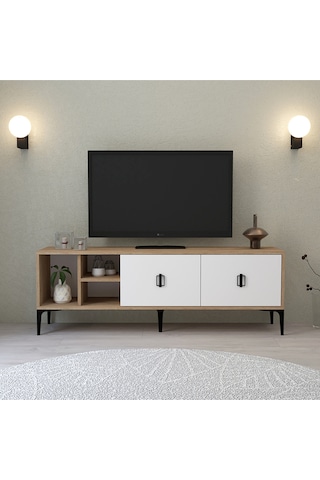 3504 Era Tv Ünitesi 150 Cm Kapaklı Raflı Sepet - Beyaz Tv Sehpası Beyaz - Sepet