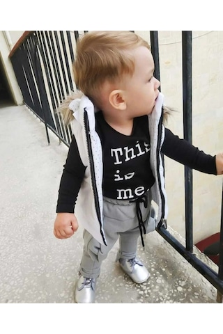 Kapüşonlu Şişme Yelekli 4 Parça Erkek Bebek Çocuk Bereli Takım Açık Gri