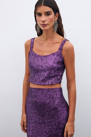 Sateen Payetli Crop Bluz - Mor-133805 Mor