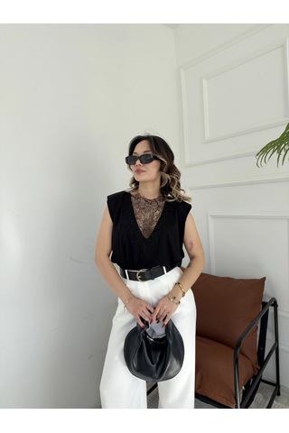 Keymoda Kadın Arkası Dantel Detaylı Basic Tshirt Siyah