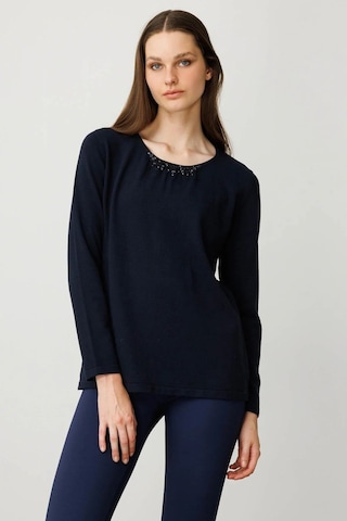 Desen Triko Sıfır Yaka Dantel Çiçek İşlemeli Kadın Bluz 25093 Lacivert