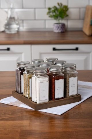 Mienda Home 9'lu Ahşap Standlı Cam Baharatlık Seti Kapaklı Etiketli Baharatlık Mh01slvr09 Beyaz - Şeffaf