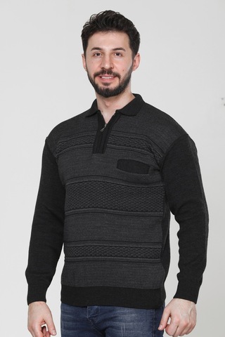 Kzc Tekstil Erkek Baba Orta Yaş Ve Üzeri Triko Örgü Akrilik Kışlık Regular Fit Cepli Fermuarlı Polo Yaka Kazak Antrasit