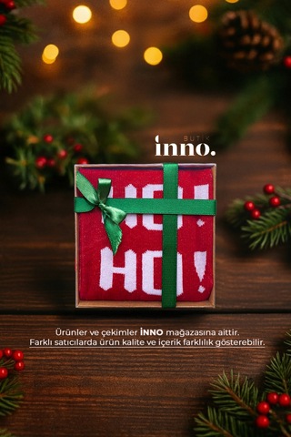 Inno Yılbaşı Hoho Desenli Noel Babalı Kraft Kutulu Çorap Tekli Beyaz