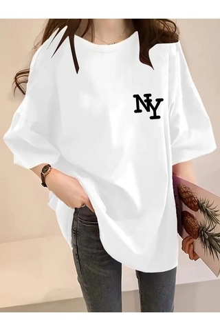 Primemagazam Kadın T-shirt Eğlenceli Harf Ny Baskılı Bisiklet Yaka Tişört - Beyaz Çeşitli