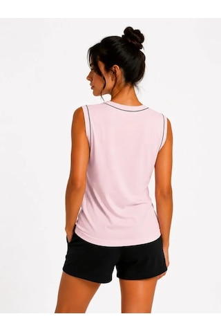 Efnaz Style Kontrast Biyeli Kolsuz Atlet Bisiklet Yaka Yazlık Basic Atlet - Toz Pembe