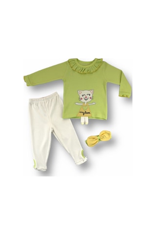 6-9 9-12 12-18 Ay Elbiseli Kedi Nakışlı Bandanalı Uzun Kollu Sweat 3lü Kız Bebek Takımı Yeşil