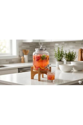 Geyik Figürlü Gümüş Lüks Cam İçecek Sebili - 3.6 Litre Bambu Standlı Meyve Suyu Kovası