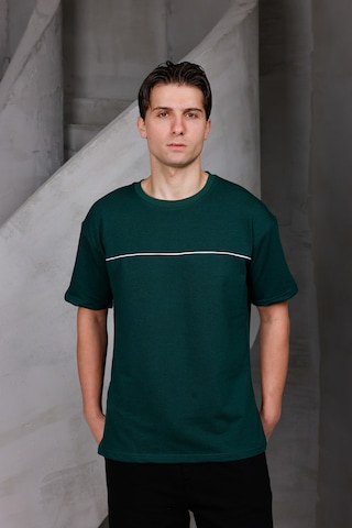 Erkek Garnili Şeritli Oversize Bisiklet Yaka 2 İki İplik Kompakt T-shirt Nefti