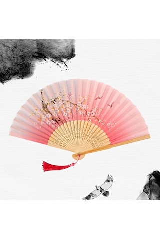 Beluga Yelpaze Bambu Kumaş Serinletici Vintage Pembe Bahar Dalı Şık Dekorasyon Püsküllü Japon Yelpaze 0426