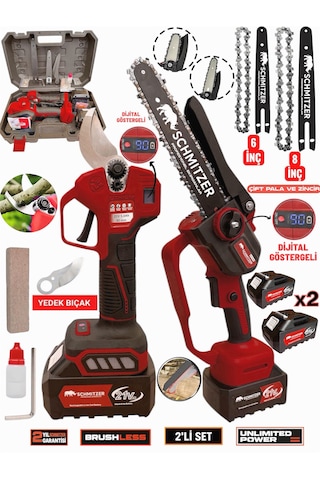 Schmıtzer 2 Li-budama-k Pro Set 21v Çelik Şanzuman 2 Pala Ve Zincir Şarjlı Dal Ağaç Kesme Bağ Budama Makas Testere