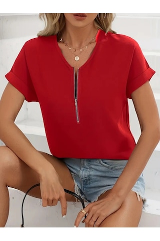 Ahes Shopping Kadın Kısa Kollu V Yaka Fermuarlı Salaş Sandy Bluz Kırmızı