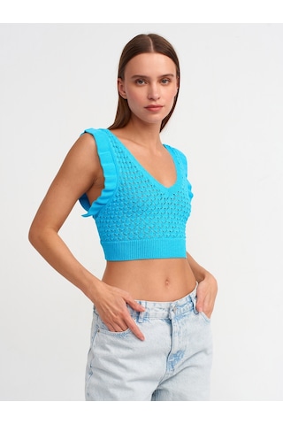 Dilvin V Yaka Fırfırlı Triko Crop Turkuaz