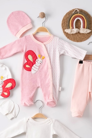 Yenisinial Kelebek Nakışlı Puanlı Tulumlu % 100 Pamuk Kız Bebek 5'li Set Pembe