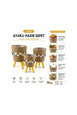 Alvetro Alv-01 Ayaklı Hasır Ve Ahşap Sepet 3'lü Set 18-22-24 Cm - Mix Desenli- 6'li Paket