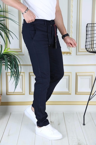 Phantom Jeans Erkek Lacivert Slim Fit Esnek Likralı Armürlü Keten Pantolon Bağcıklı Kemerli Beli Lastikli Şık Pant Lacivert