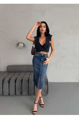Zeo Basic Yırtmaçlı Midi Boy Jean Etek Mavi+taşlamalı