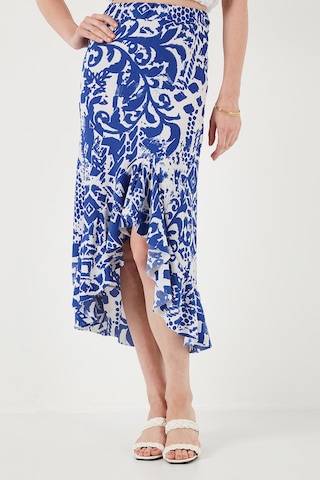 Lela Regular Fit Desenli Yüksek Bel Volanlı Midi Boy Yırtmaçlı Bayan Etek 5869013 Saks