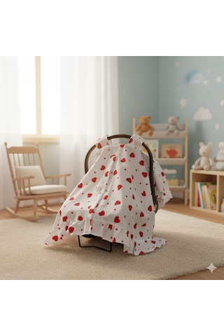 Bebek Puset Örtüsü Kalpli Puset Örtüsü Pamuklu Kumaş Fırfır Detay Çıt Çıtlı Puset Örtüsü Beyaz - Kırmızı