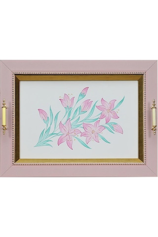 E38 El İşçiliği Pembe Çiçek Suluboya Tepsi 36x48 Cm - 6223