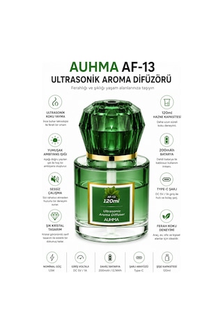 Auhma Af-13 120ml Şarjlı Ultrasonik Araç Koku Difüzörü Yeşil Ambiyans Işıklı Chanel Esans Aroma Yayıcı