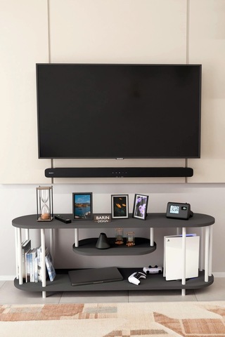 Modern Tv Ünitesi Ahşap Raflı 2 Katlı Televizyon Sehpası Minimalist,dayanıklı, Tv Standı Beyaz Demir Antrasit