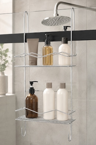 Parlak Silver Duşakabin Askılı 2 Katlı Banyo Rafı Şampuanlık Düzenleyici Metal Askılık