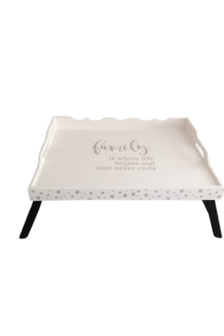 El Boyaması Katlanır Ayaklı Ahşap Şımarık Tepsi - Aile Sevgisi Temalı Açık Bej