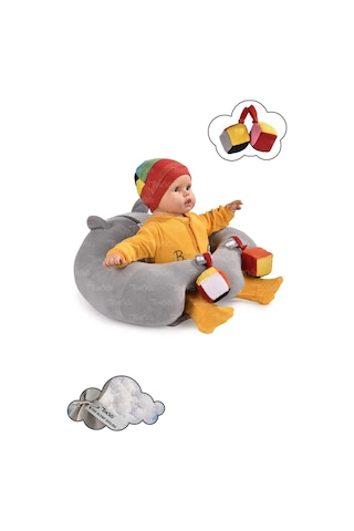 Oyuncaklı Bebek Oturma Destek Minderi - Devrilmez Bebek Koltuğu - Elyaflı Büyük Bebek Oturağı Gri