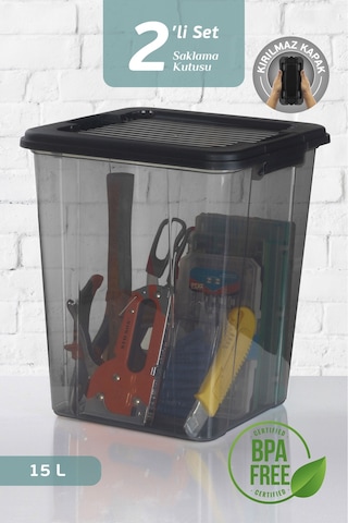 2'li Megabox 15l Saklama Kabı - Kilitli Kapaklı Çok Amaçlı Düzenleyici Kiler Depolama Saklama Kutusu Siyah