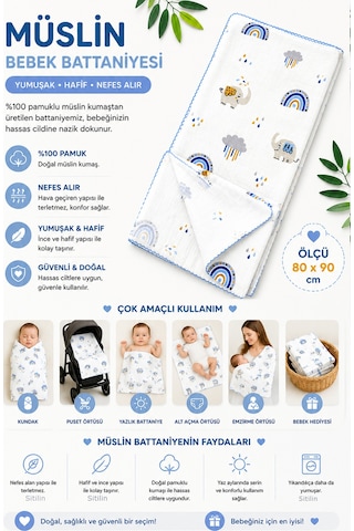 Erkek Bebek Tek Kat Müslin Kundak Battaniye Ponponlu Yazlık Puset Örtüsü Stl7196 Beyaz
