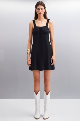 GRIMELANGE Erıdanıa Kadın Maroken Dokuma Kumaşlı Göğüs Kuplu Romantik Yaka Mini Siyah Elbise Siyah