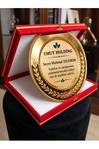 Kadife Kutulu Gold Metal Plaket Başak Zeytin Dalı Desenli Kamu Kurumlar İçin Tebrik Ödül Plaketi Kırmızı