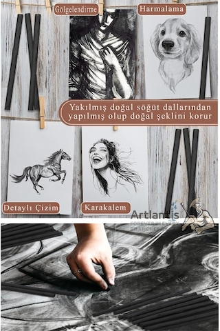 Kömür Çubukları Doğal Füzen 12 Li 1 Paket Eskiz Karakalem Çizim Gölgeleme Kömürü Siyah Willow Charcoal Hobi Sanat