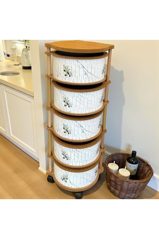 5 Katlı Ahşap Sebzelik Tekerlekli Naturel Gıdaya Uygun Kaliteli Mdf Modern Beyaz - Kahverengi