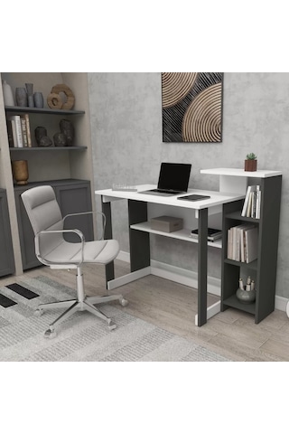 Reyo Home Enda Saye 5 Raflı Kitaplıklı Çalışma Masası Antrasit - Beyaz