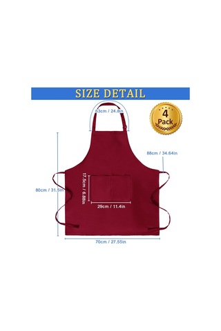4 Paket Şef Önlüğü, 2 Cepli Ayarlanabilir Önlük, Unisex Kişisel Koyu Kırmızı, Diğer