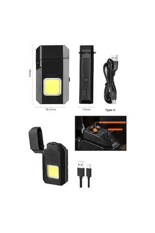 Siyah Gazsız Rezistanslı Elektrikli Usb Şarjlı Çakmak Mini Cob El Fenerli 2 In 1 Mini Projektörlü