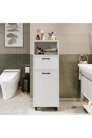 Çamaşır Sepetli Banyo Dolabı, Çok Amaçlı Çekmeceli Dolap 45 Cm Mat Beyaz