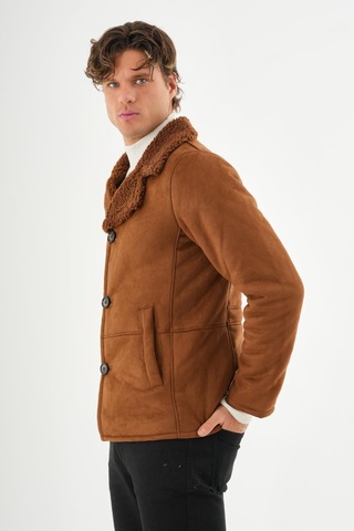 Erkek Regular Fit İçi Kürklü Düğmeli Katlı Yaka Yandan Cepli Klasik Süet Mont Kahverengi