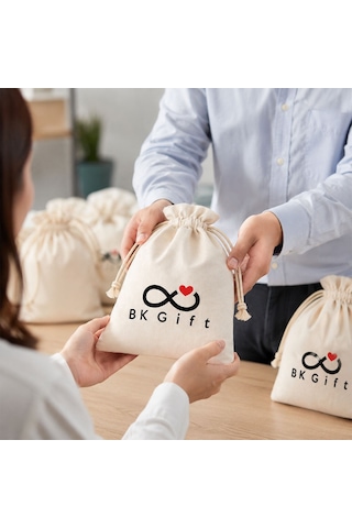 Logonuza Özel 5 Adet Büyük Büzgülü Hediyelik Kumaş Kese 22x28 Cm Baskılı Set Beyaz