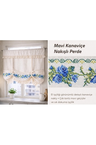 Bağlama Detaylı Romantik Ege Mavi Gül Kanaviçe Nakışlı Buldan Keten Perde %100 Pamuk Buldan Kumaşı Çok Renkli