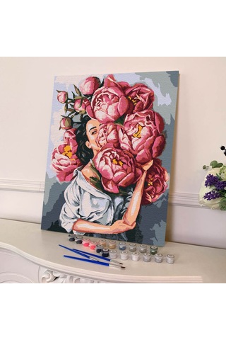 Sayılarla Boyama Seti 40 x 50 CM Tuval Şasesine Gerili Çiçekli Kadın