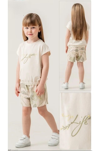 Kız Çocuk Dokuma Şortlu Takım 3800-065 KREM