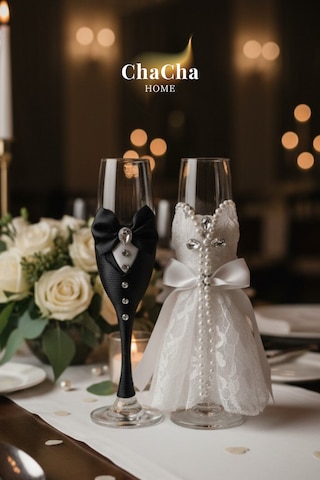 Chacha Home Lüks Düğün Temalı Gelin Damat Kadehi Beyaz - Siyah