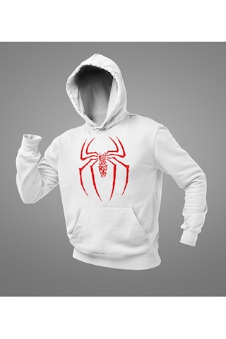Sevbano Spider-man Logo Baskılı Unisex Oversize Örümcek Adam Hoodie Beyaz