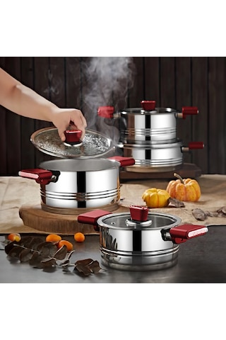 Oms 1129 Silindir 8 Parça Paslanmaz Çelik Tencere Seti Kırmızı