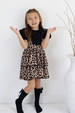 Kız Çocuk Helen Leopar Askılı Kat Kat Bağlama Jile Elbise Dantel Detay Kısa Kollu Bluz Takım