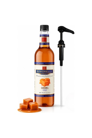 Simonelli Karamel Aromalı Kahve ve Kokteyl Şurubu 700 ML + Şurup Pompası - Latte Frappe Soğuk Sıcak Kahve ve Tatlı Şurubu