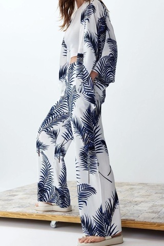 Ersefa Moda Dokuma Baskılı Degaje Yaka Casual Günlük Siyah Desenli Kimon Indigo